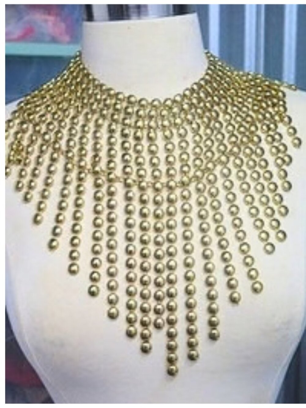 Gold Tone Beaded Fringe Bib Necklace Statement Collar